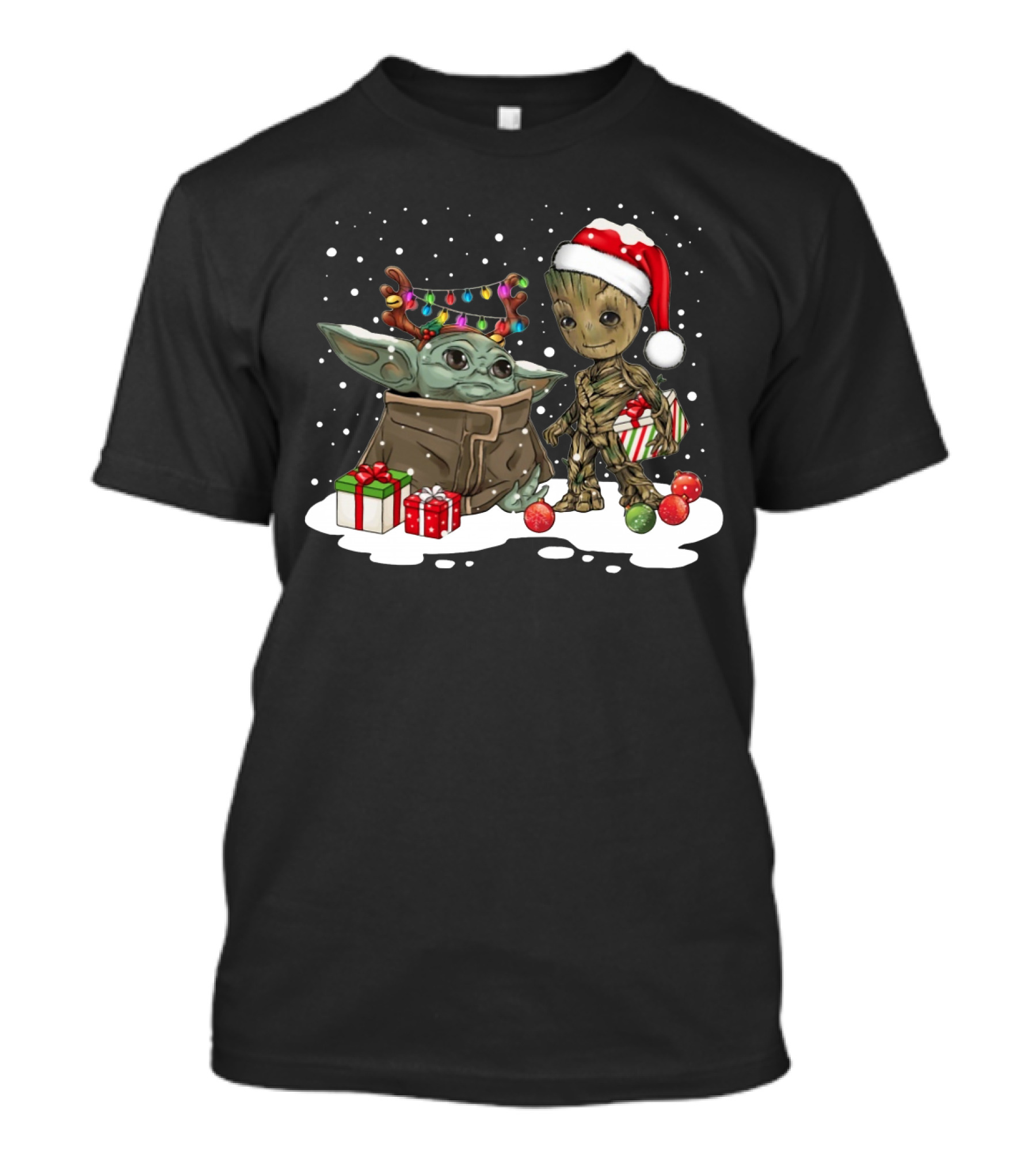 Baby Groot And Baby Yoda Christmas Santa Hat Gift Exchange T-Shirt