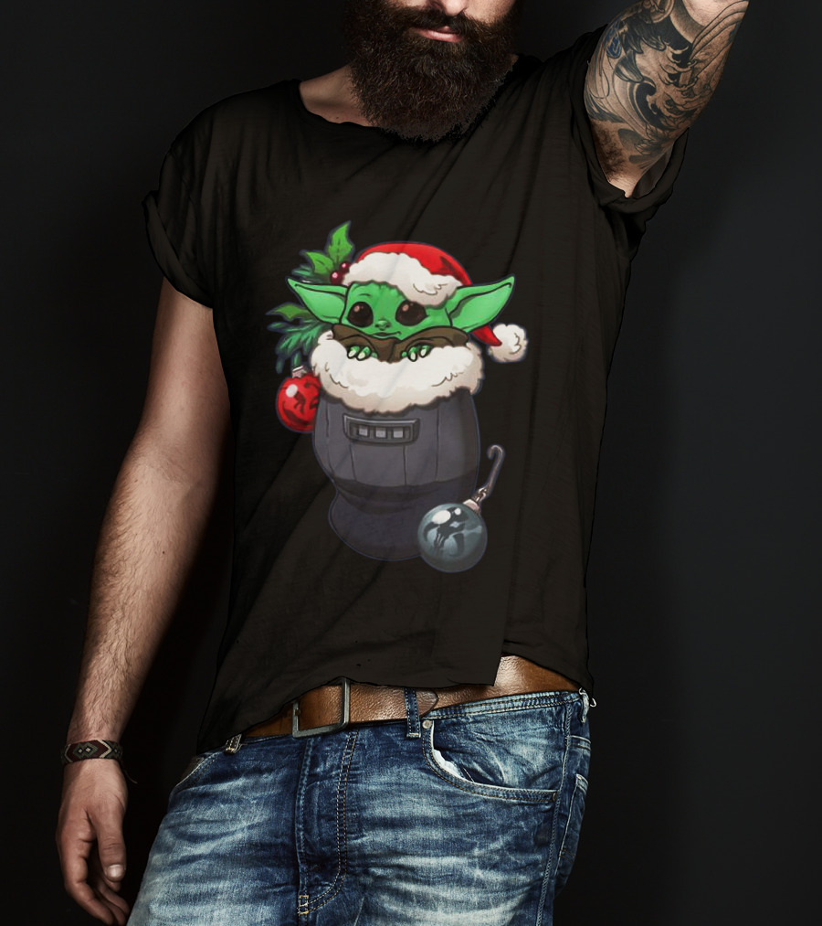Baby Yoda Christmas Santa Hat Stocking With Ornaments T-Shirt