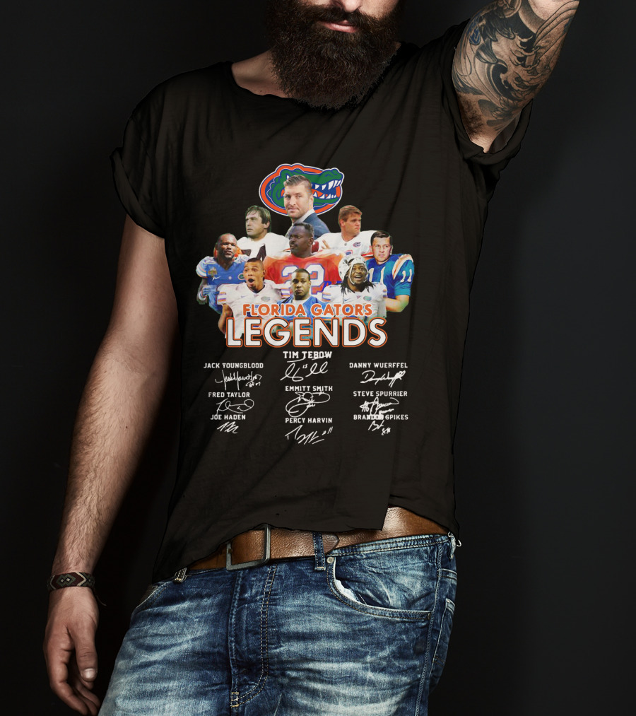 Florida Gators Legends Jack Youngblood Tim Tebow Danny Wuerffel Fred Taylor Emmitt Smith Steve Spurrier Joe Haden Percy Harvin Brandon Spikes T-Shirt