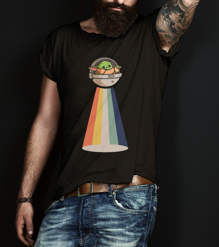 Baby Yoda Spaceship Rainbow Glow T-Shirt