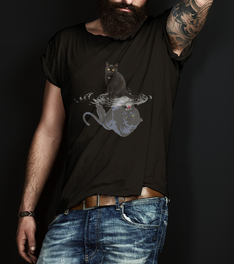 Black Cat Water Reflection Mirror Black Panther Reflection T-Shirt