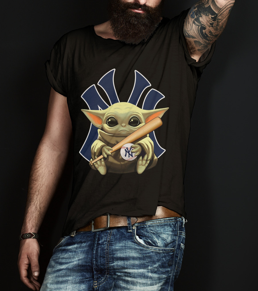 Baby Yoda Holding Baseball And Bat With New York Yankees T-Shirt