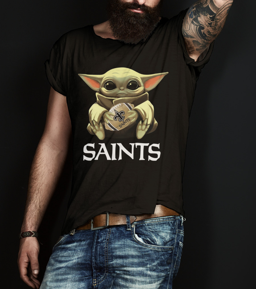 Baby Yoda Holding New Orleans Saints Football T-Shirt