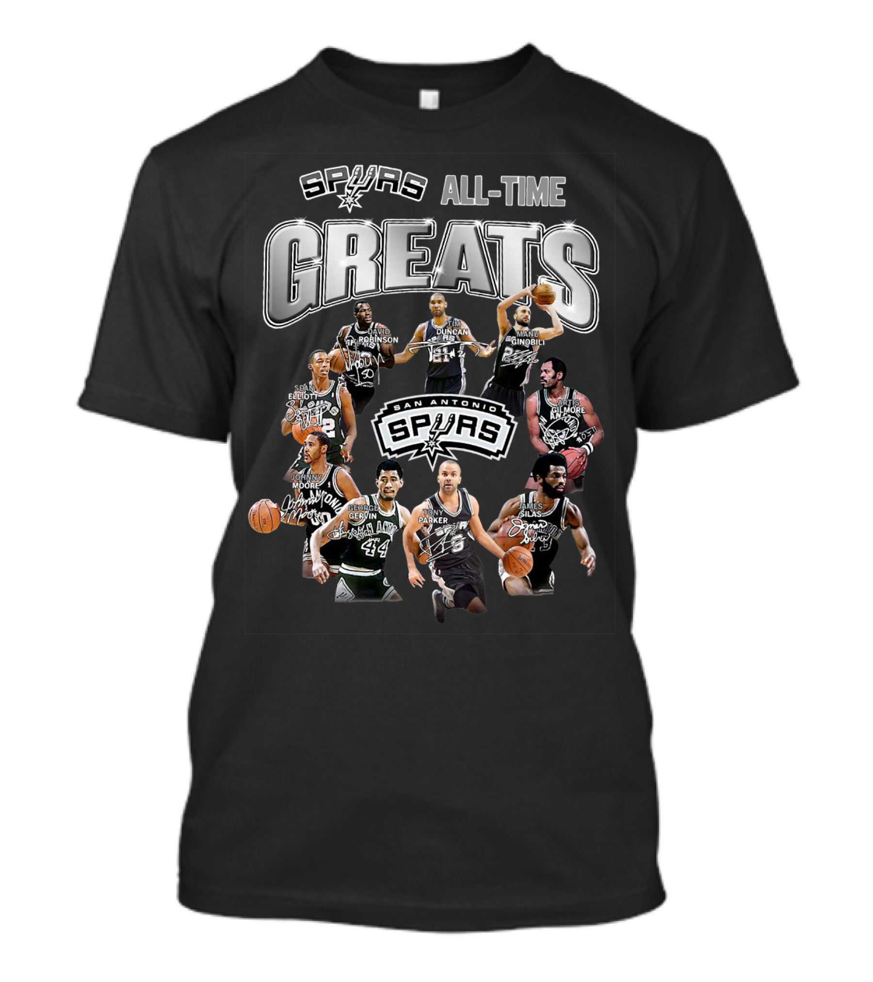 Spurs All-Time Greats San Antonio Spurs Robinson Parker Duncan Ginobili Bowen Johnson Elliott Gervin Lucas T-Shirt