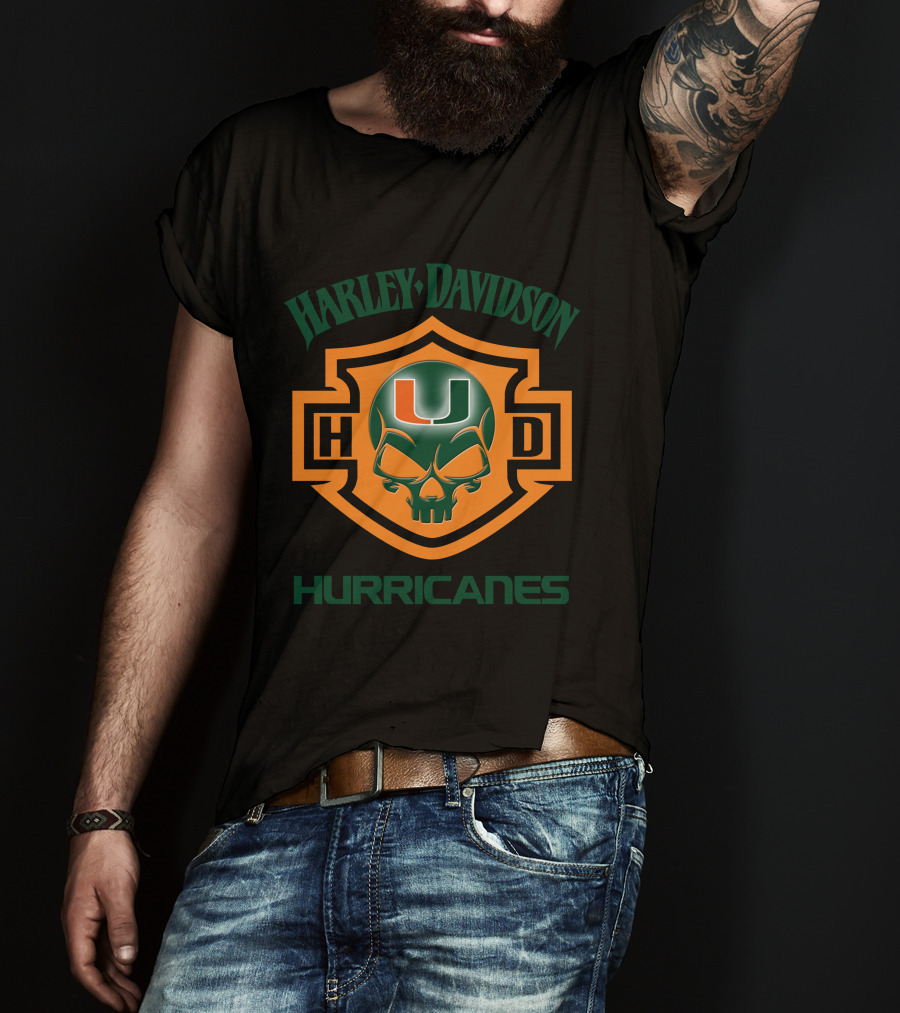 Harley Davidson Hurricanes Miami U Logo Skull Design For Ncaa Football Fans T-Shirt
