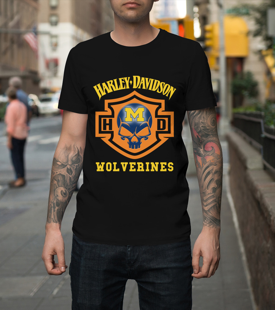 Harley Davidson Wolverines Hd Ncaa Football Skull M T-Shirt