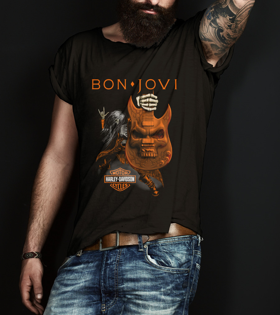 Bon Jovi Harley Davidson Cycles Skeleton Guitar Rockstar T-Shirt