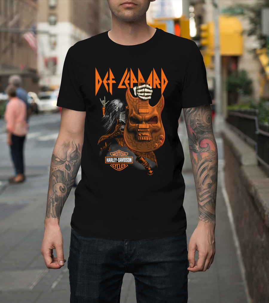 Def Leppard Harley Davidson Skull Guitar Skeleton Rock T-Shirt