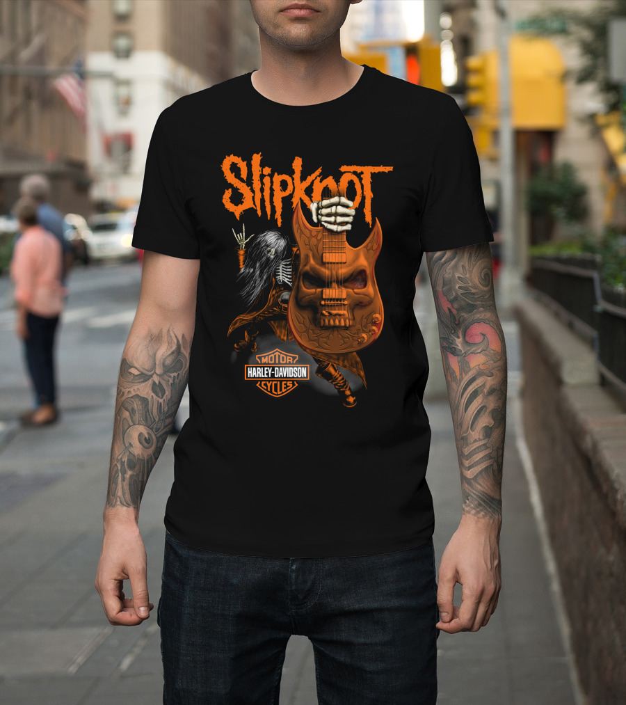 Slipknot Harley Davidson Motor Cycles Skull Guitar Skeleton Rock T-Shirt
