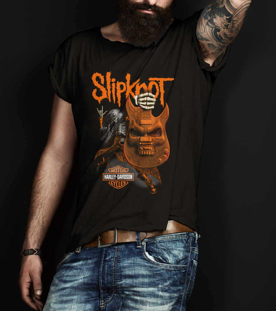 Slipknot Harley Davidson Motor Cycles Skull Guitar Skeleton Rock T-Shirt