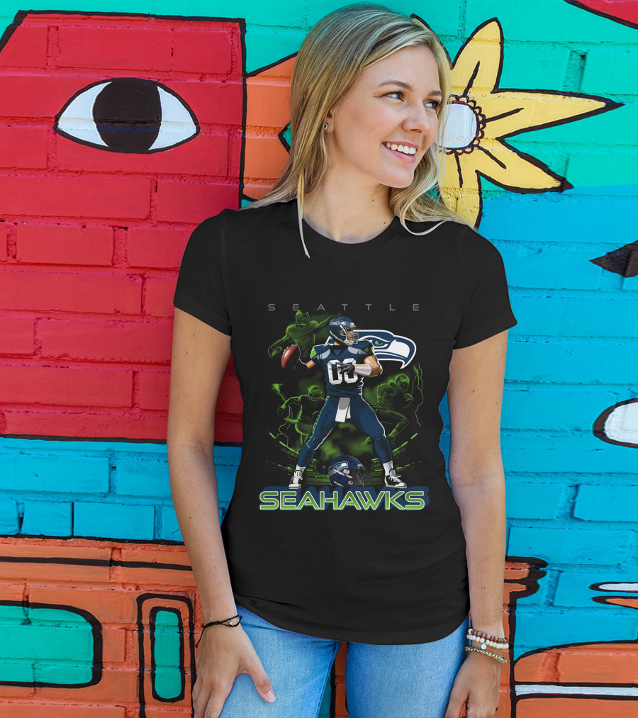 Seattle Seahawks 03 Football Player With Helmet And Neon Green Accents T-Shirt