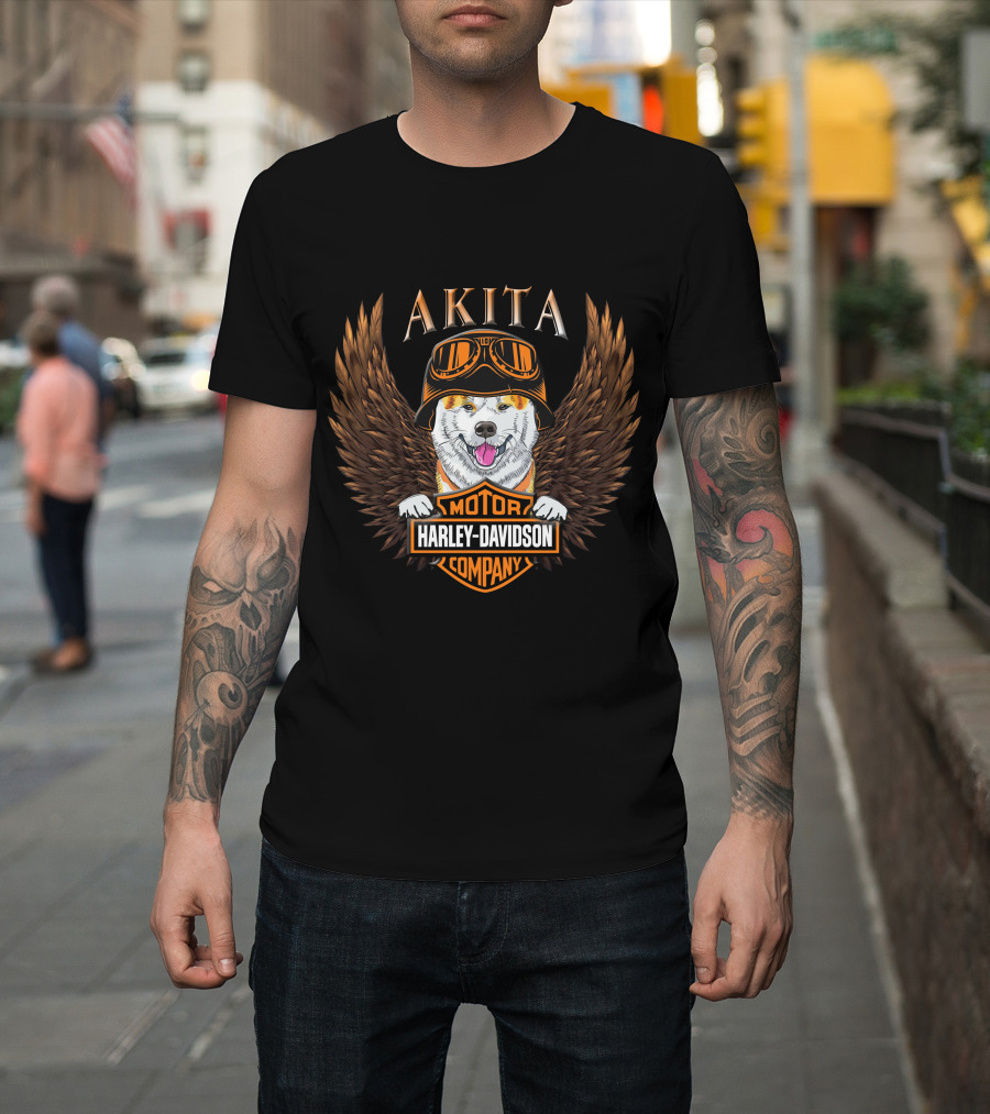 Akita Harley Davidson Motor Company Winged Dog Helmet T-Shirt