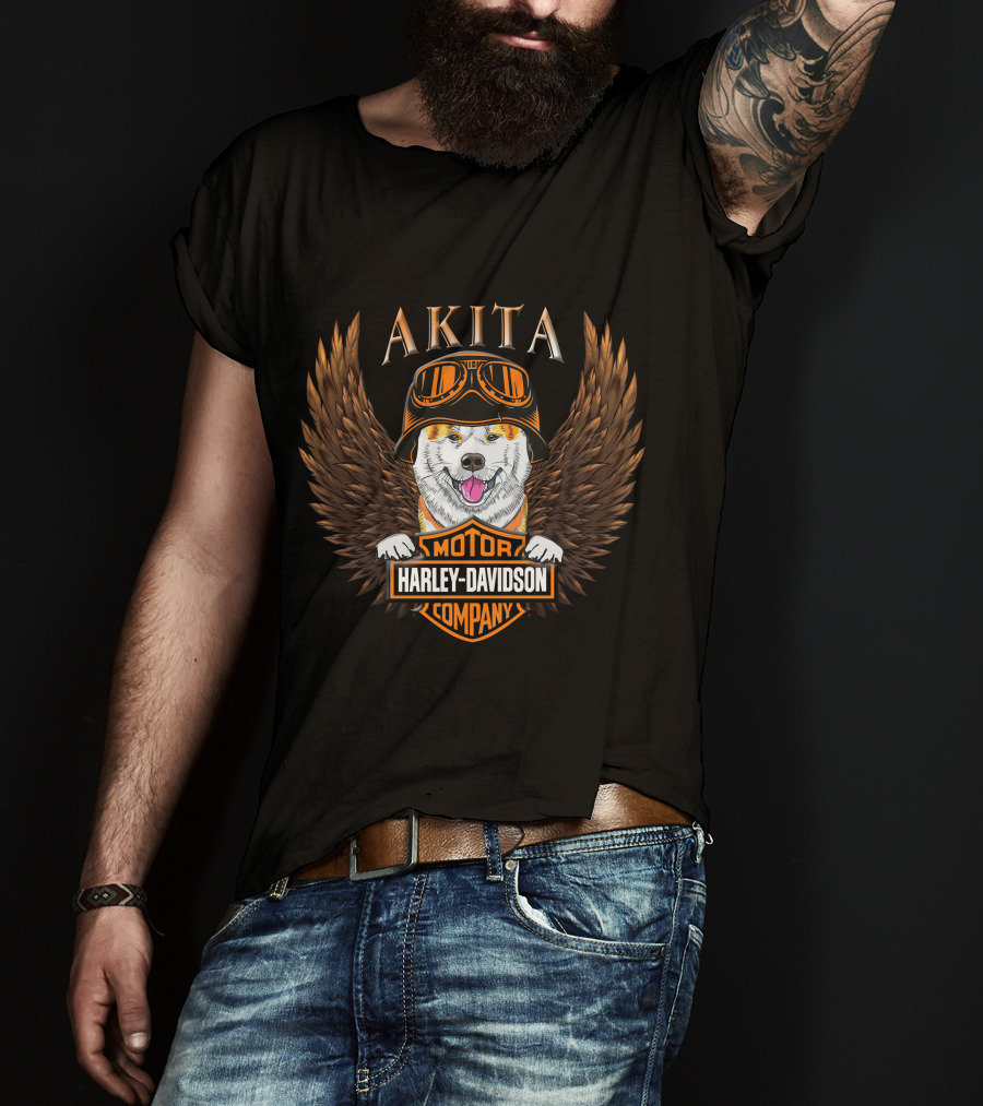 Akita Harley Davidson Motor Company Winged Dog Helmet T-Shirt