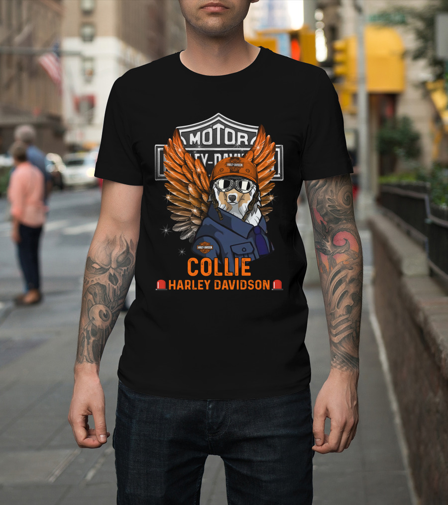 Collie Harley Davidson Wings Motocycle Motor Hd Orange Helmet Dog T-Shirt