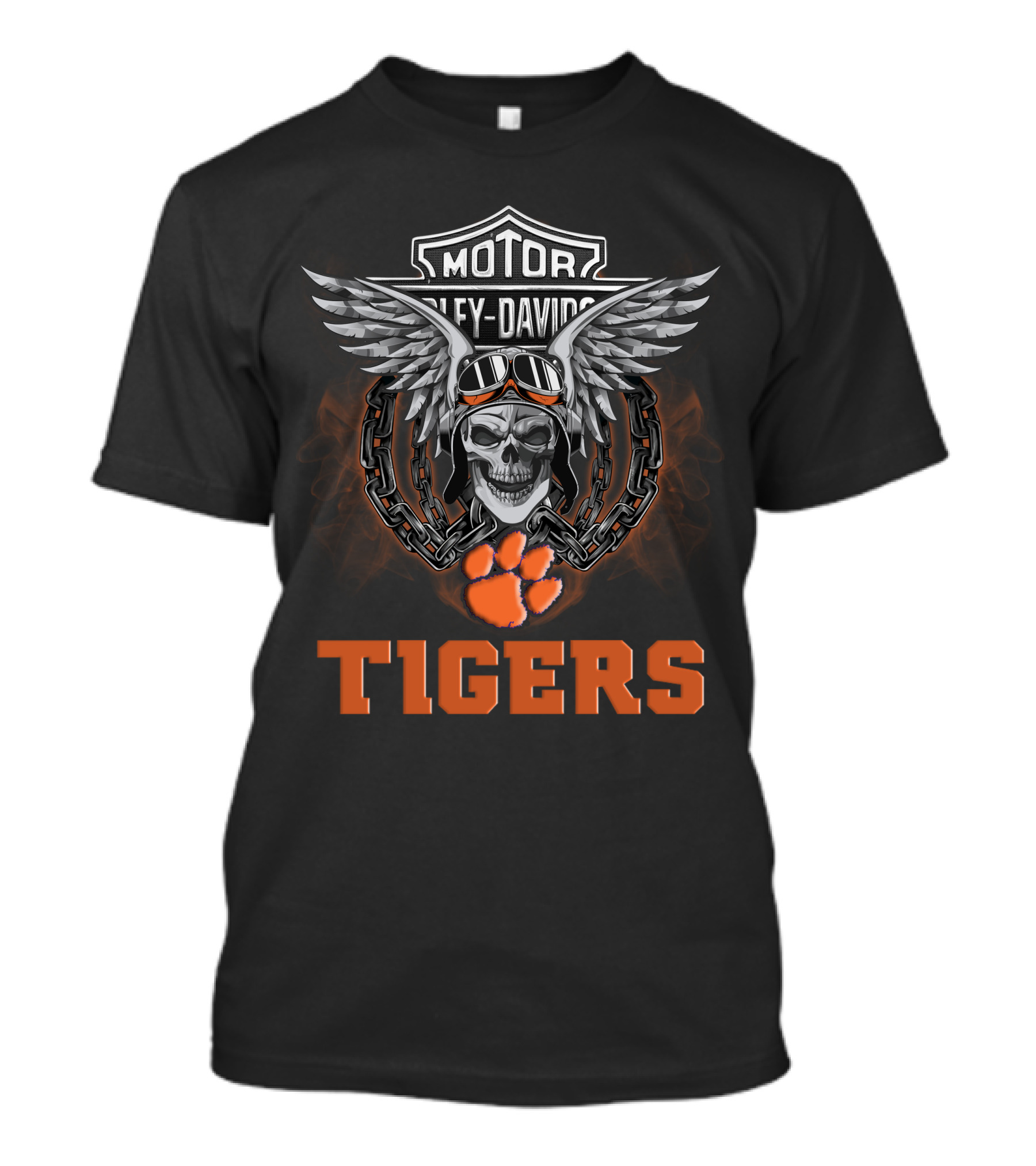 Tigers Hd Clemson Tigers Ncaa Football Fans Harley Davidson Skull Wings Chain T-Shirt