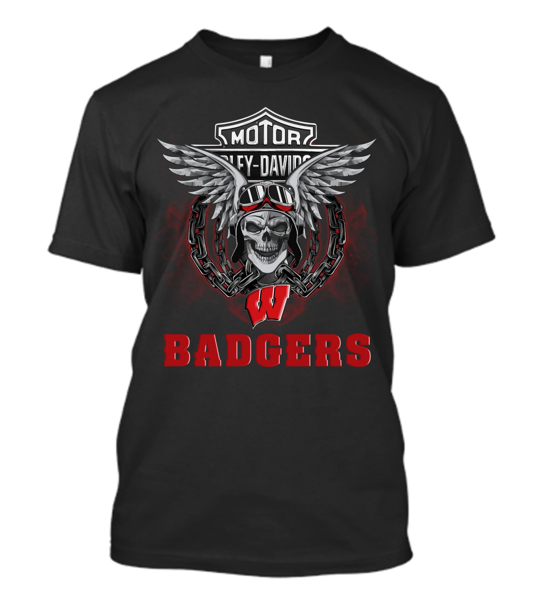 Wings Skull Chain Wisconsin Badgers Motorcycle Enthusiast NCAA Football Fans T-Shirt