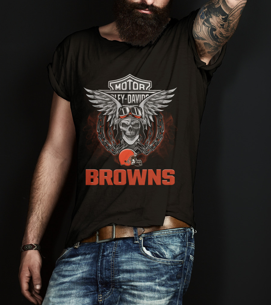 Motor Harley Davidson Browns Nfl Football Skull And Chain Helmet Wings T-Shirt