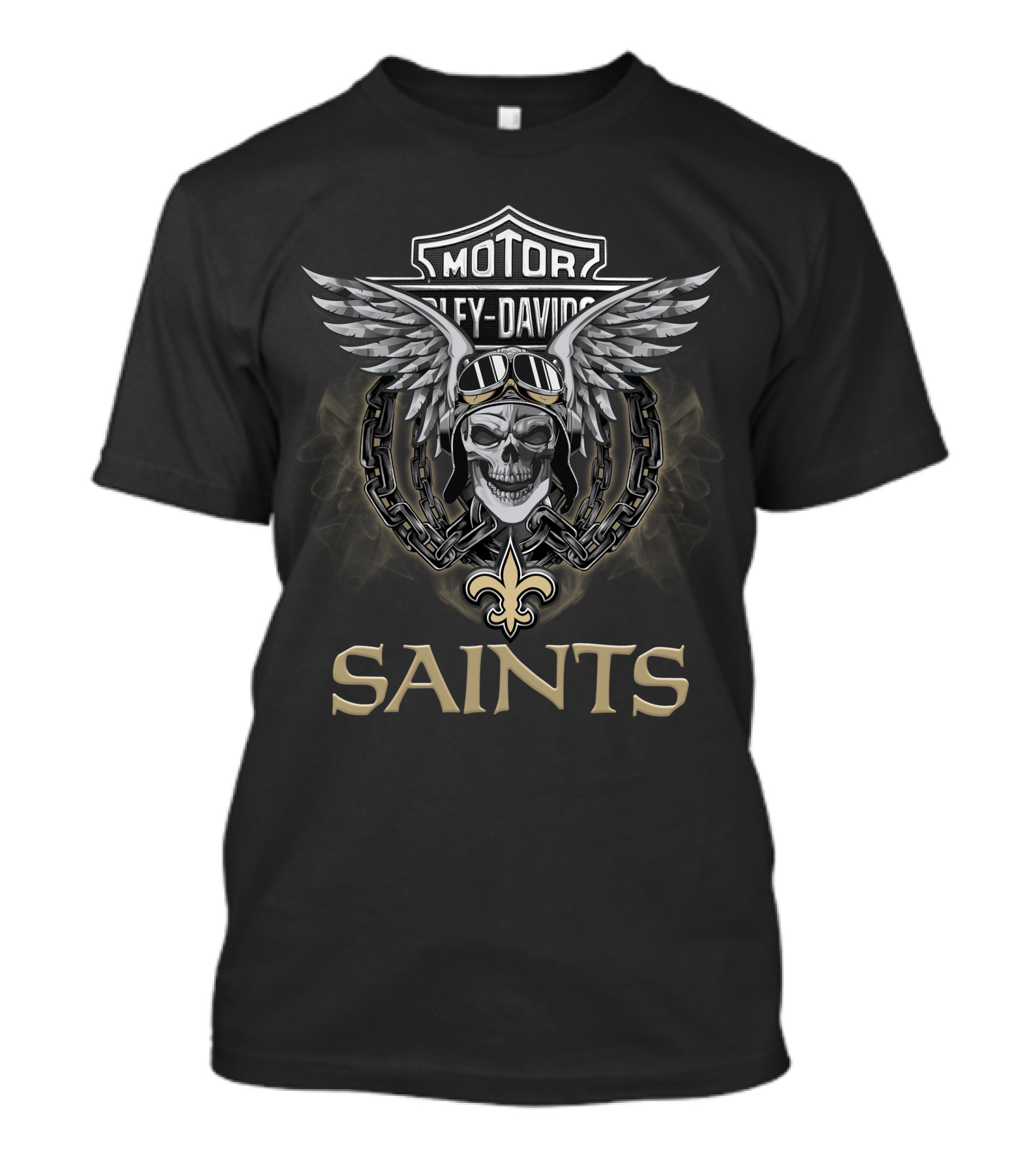 New Orleans Saints Harley Davidson Themed Skull With Wings And Goggles T-Shirt