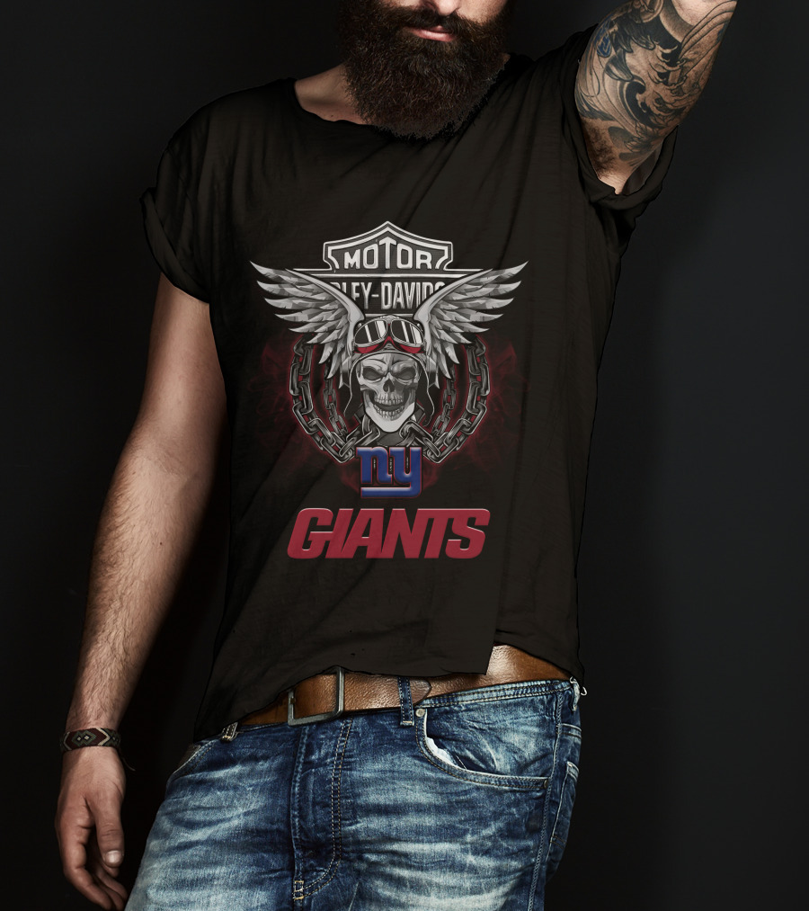 Motor Harley Davidson Ny Giants Skull Wings Nfl Football Fans T-Shirt