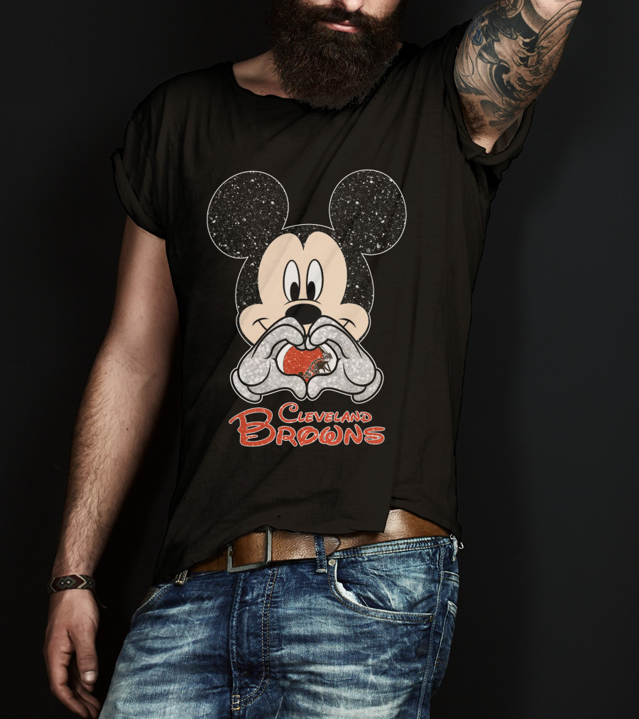 Mickey Mouse Heart Hands Cleveland Browns Football Sparkle T-Shirt