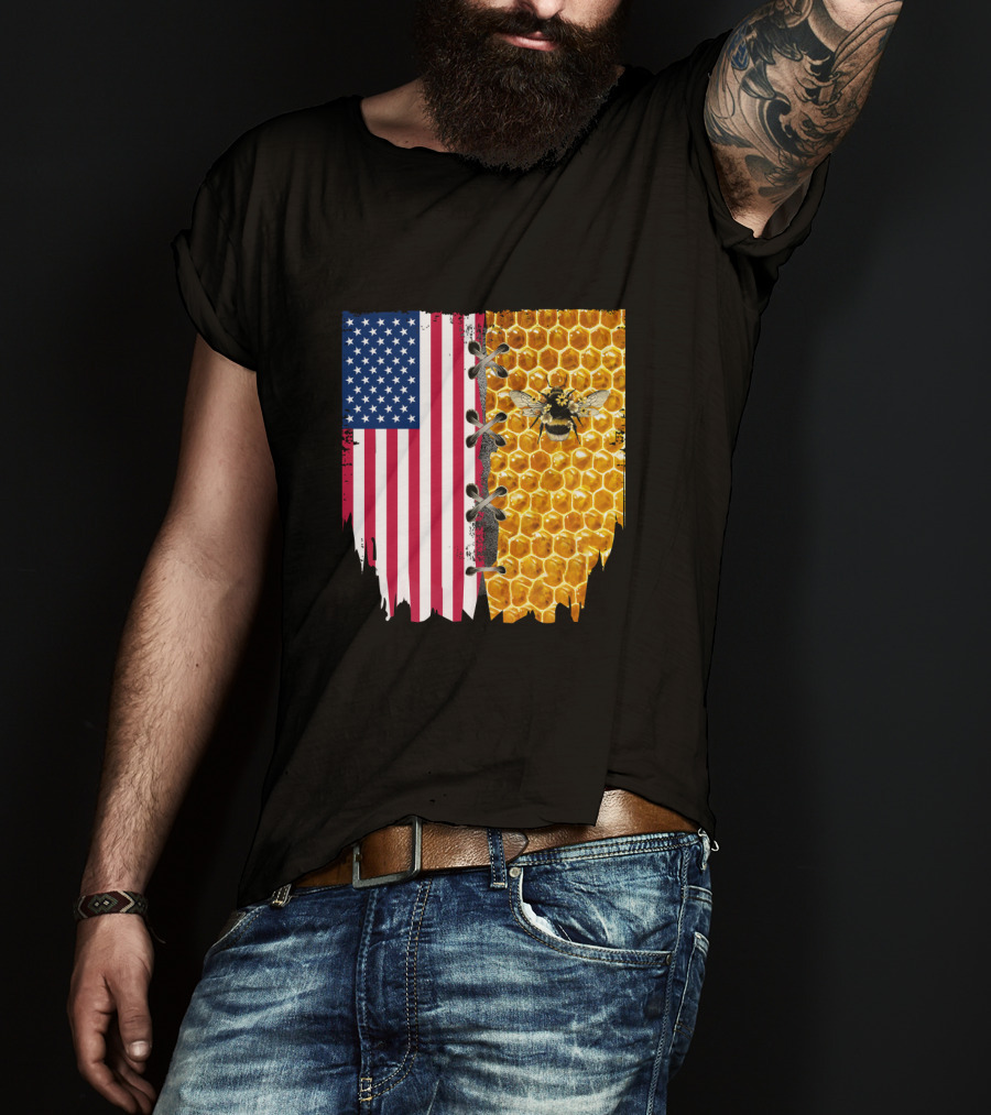 Bee And American Flag Honeycomb Fusion T-Shirt