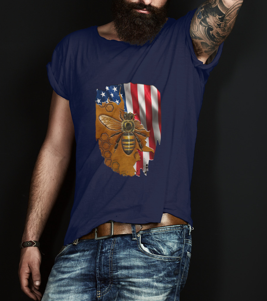 Beautifull Bee American Flag Honeycomb T-Shirt