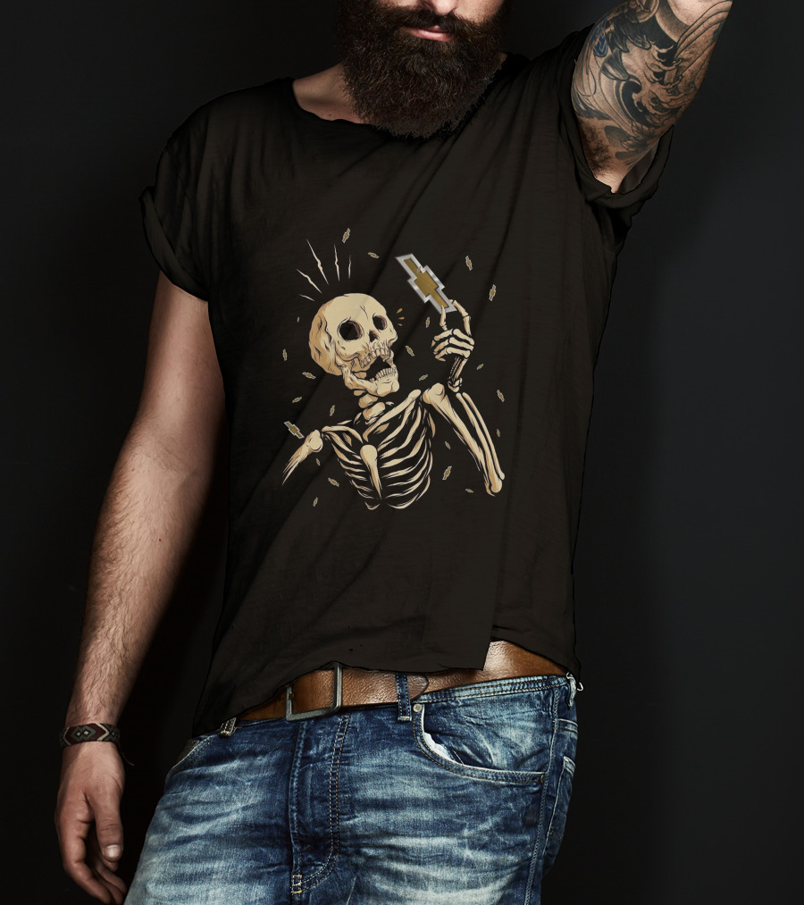 Skull Holding Chevy Emblem With Lightning Motif T-Shirt