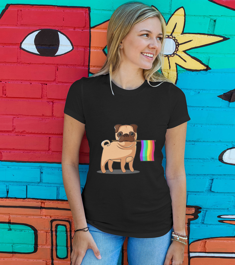 Pug Holding Rainbow Pride Flag T-Shirt