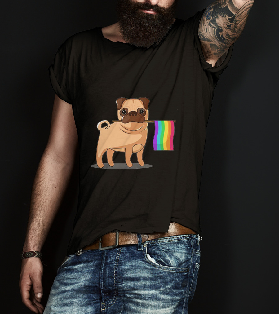 Pug Holding Rainbow Pride Flag T-Shirt