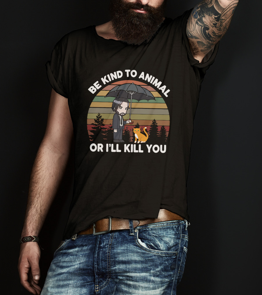 Be Kind To Animal Or I'll Kill You John Wick Parody Cat And Umbrella Chibi T-Shirt