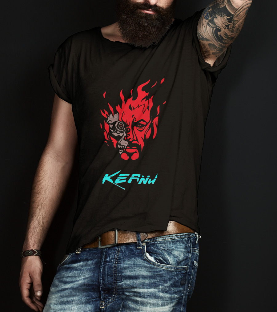 Keanu Cyberpunk Flame Skull Face T-Shirt