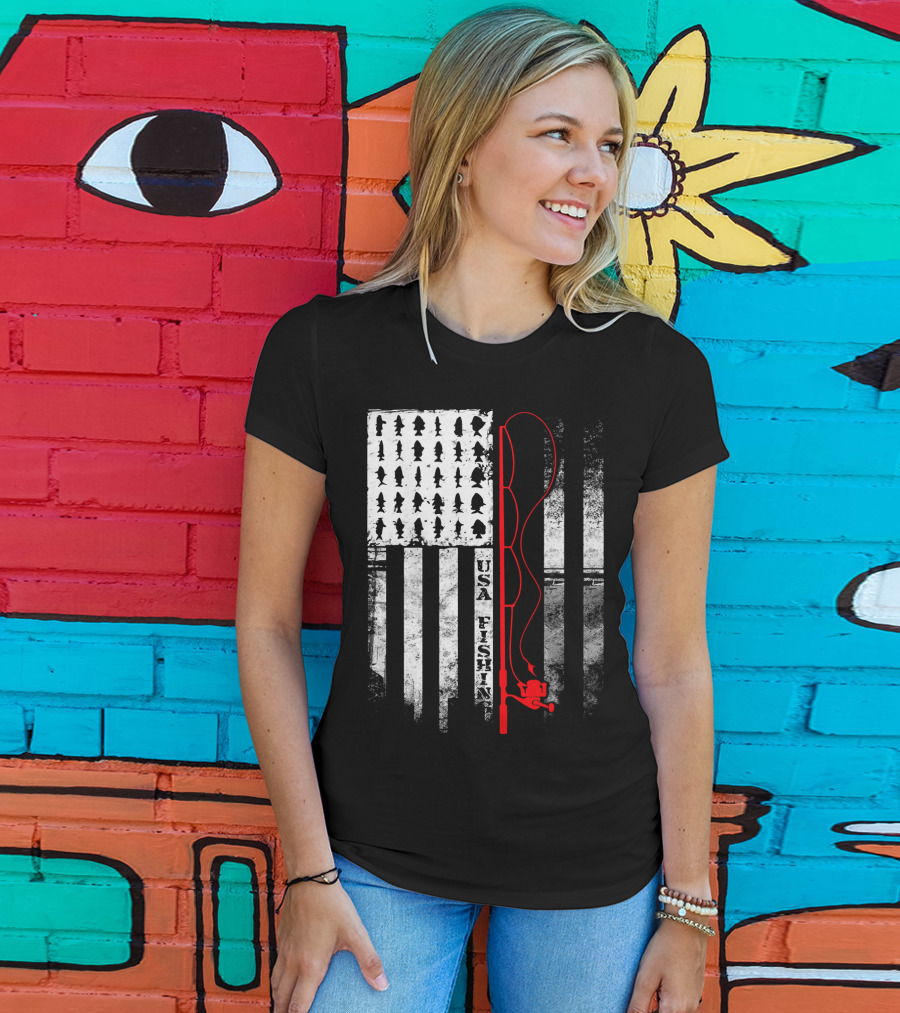 USA Fishing Flag Red Fishing Rod T-Shirt
