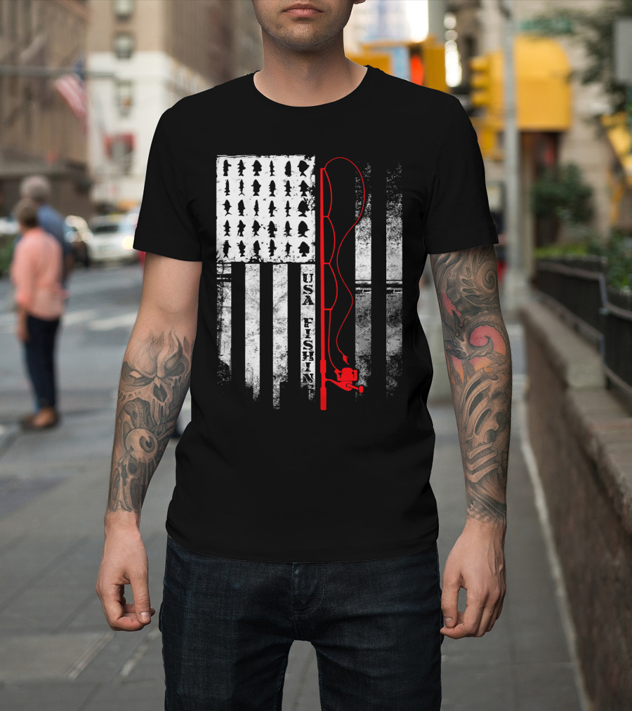 USA Fishing Flag Red Fishing Rod T-Shirt
