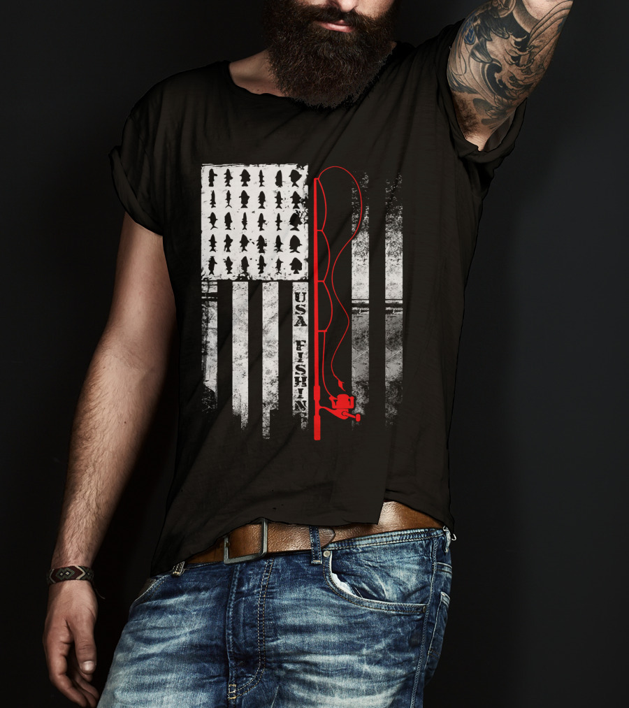USA Fishing Flag Red Fishing Rod T-Shirt