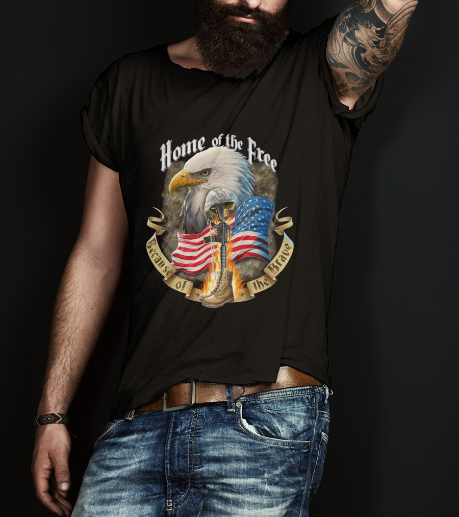 Home Of The Free Because Of The Brave American Eagle Soldier Helmet Flag T-Shirt