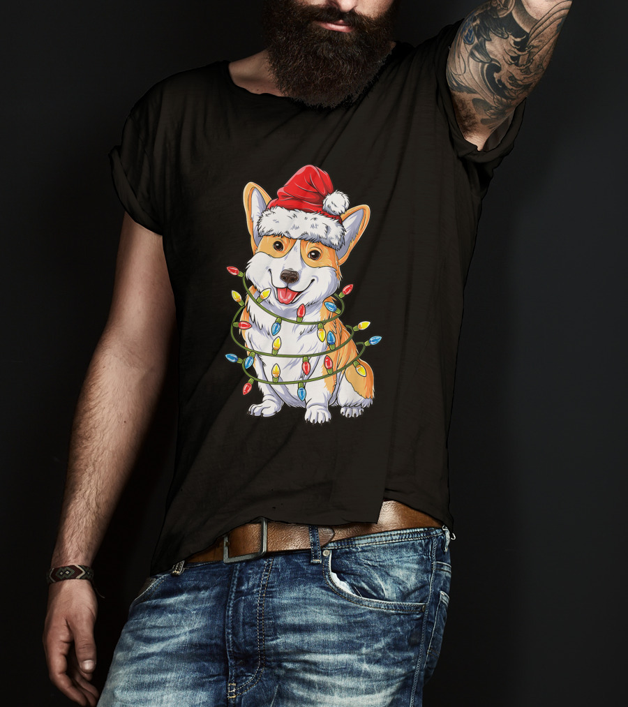 Corgi Dog Christmas Lights Ugly Sweater Santa Hat T-Shirt
