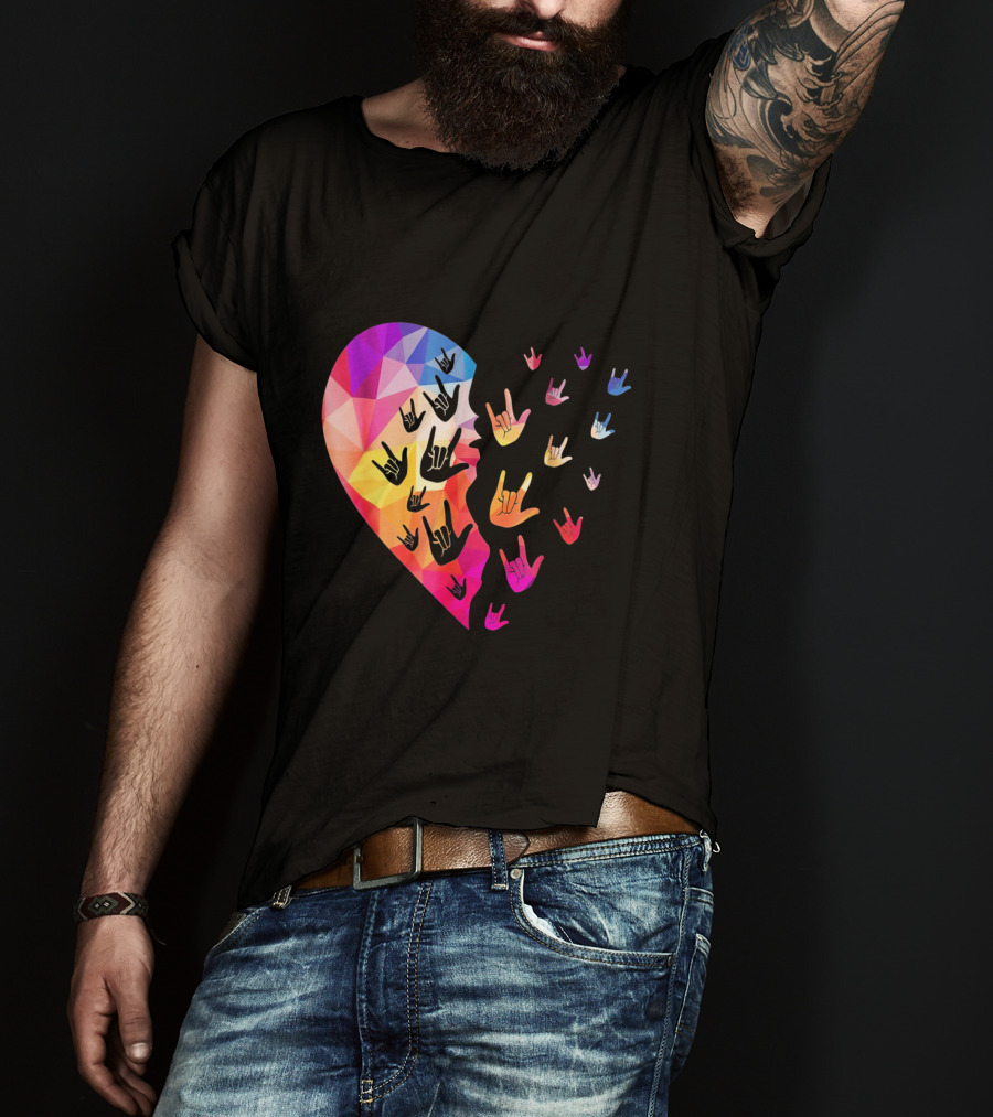 Broken Geometric Heart With Colorful Sign Language Hands T-Shirt