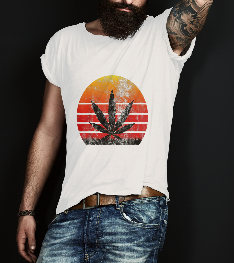 Vintage Sunset Marijuana Weed Leaf T-Shirt