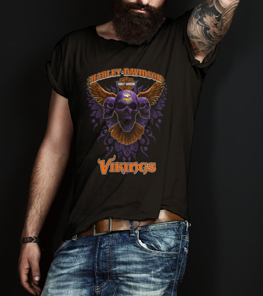 Harley Davidson Vikings Minnesota Nfl Skulls Art T-Shirt