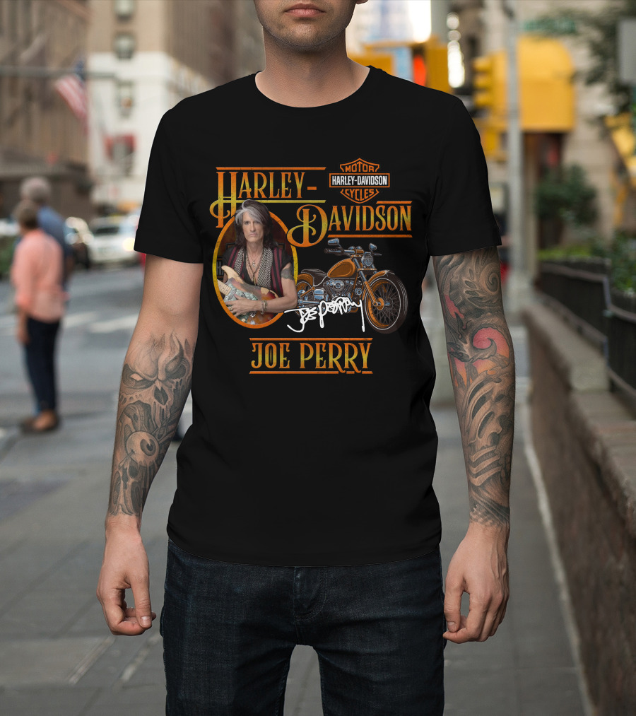 Harley Davidson Motorcycles Joe Perry Signature With Guitar And Motorcycle T-Shirt