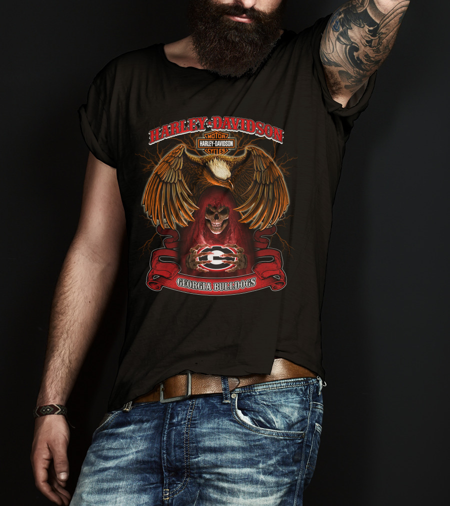 Harley Davidson Georgia Bulldogs Skull And Eagle Motorcycles T-Shirt