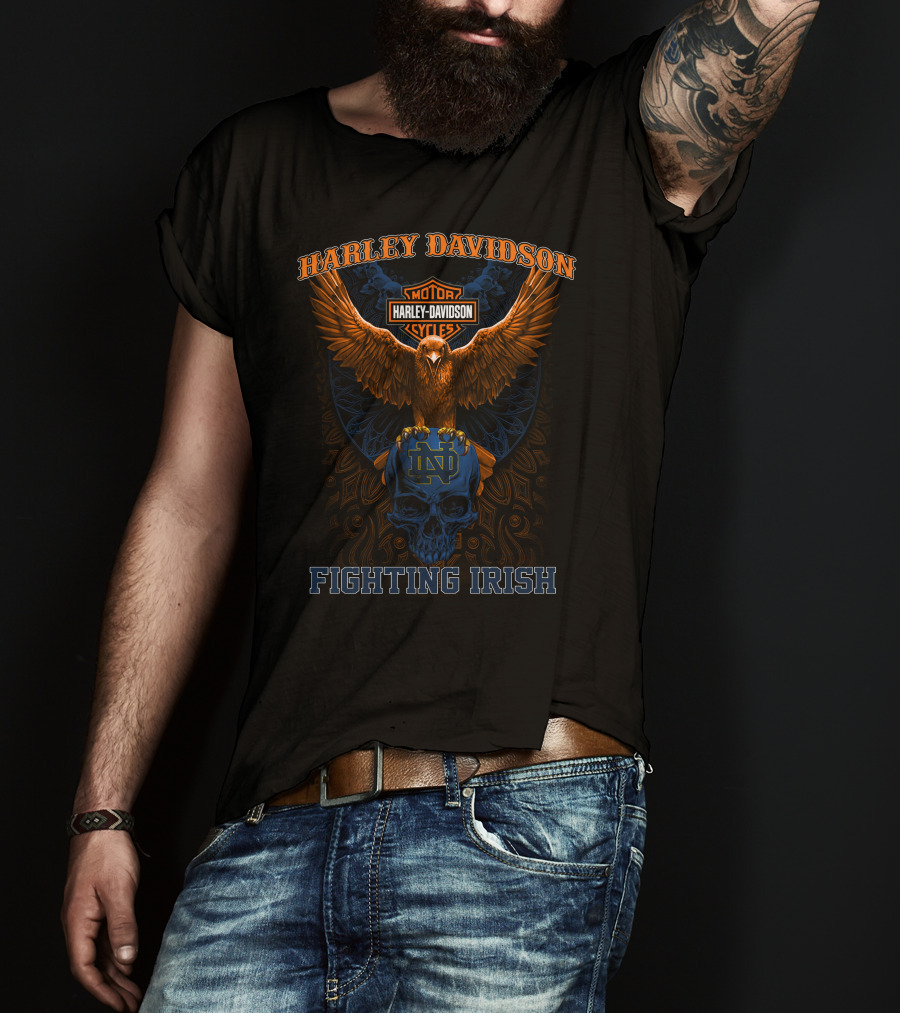 Harley Davidson Motor Cycles Eagle Notre Dame Fighting Irish Skull T-Shirt