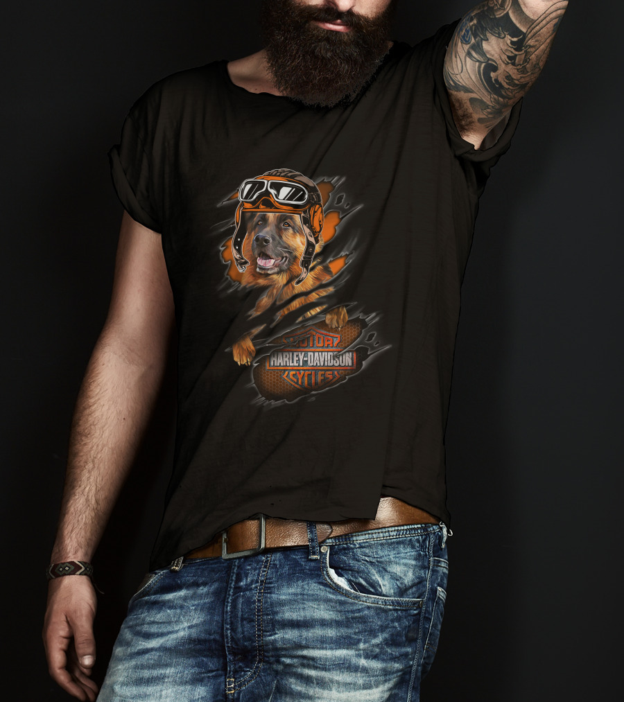 German Shepherd With Harley Davidson Motor Cycles Helmet T-Shirt