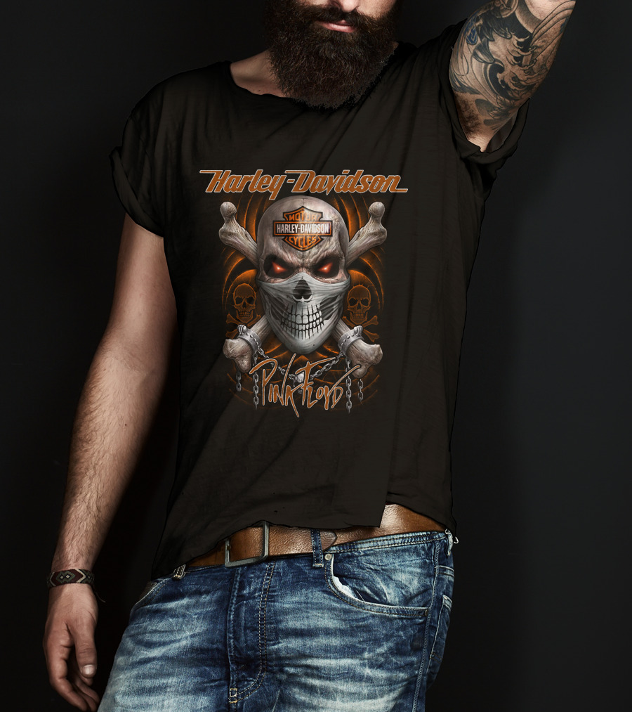 Harley Davidson Pink Floyd Skull Design With Chains And Orange Accents T-Shirt