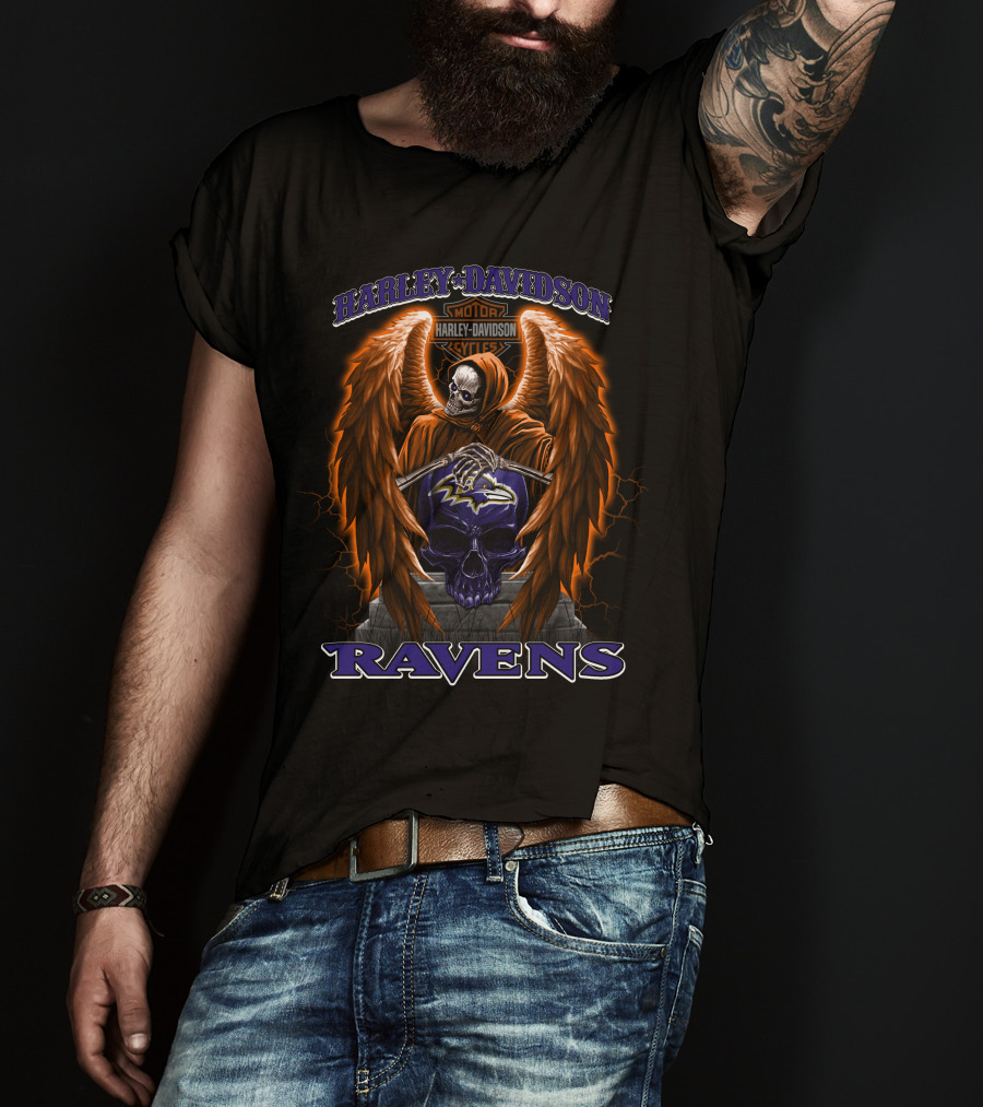 Harley Davidson Motorcycles Baltimore Ravens Nfl Skull Wings Skeleton T-Shirt