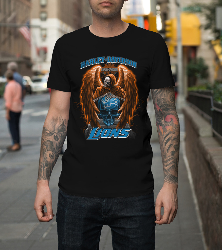 Harley Davidson Motorcycles Detroit Lions Skull With Angel Wings T-Shirt