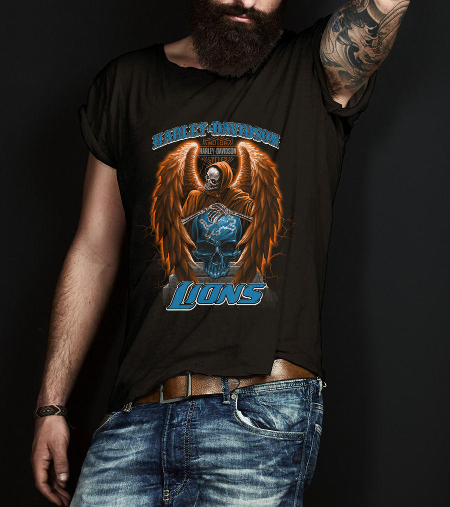 Harley Davidson Motorcycles Detroit Lions Skull With Angel Wings T-Shirt