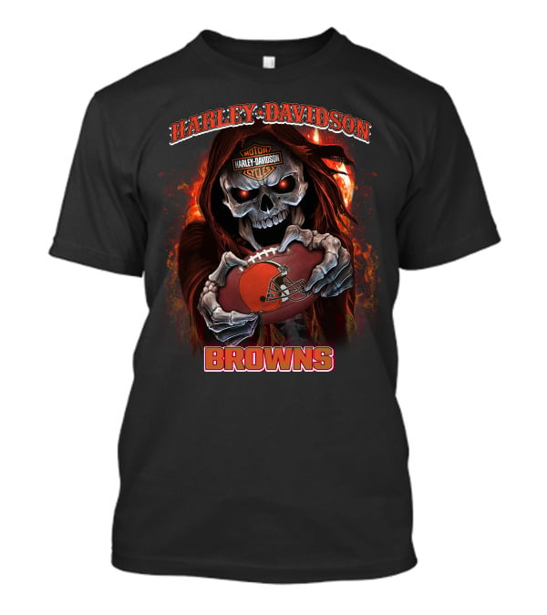 Harley Davidson Motor Cycles Cleveland Browns Skull Football T-Shirt