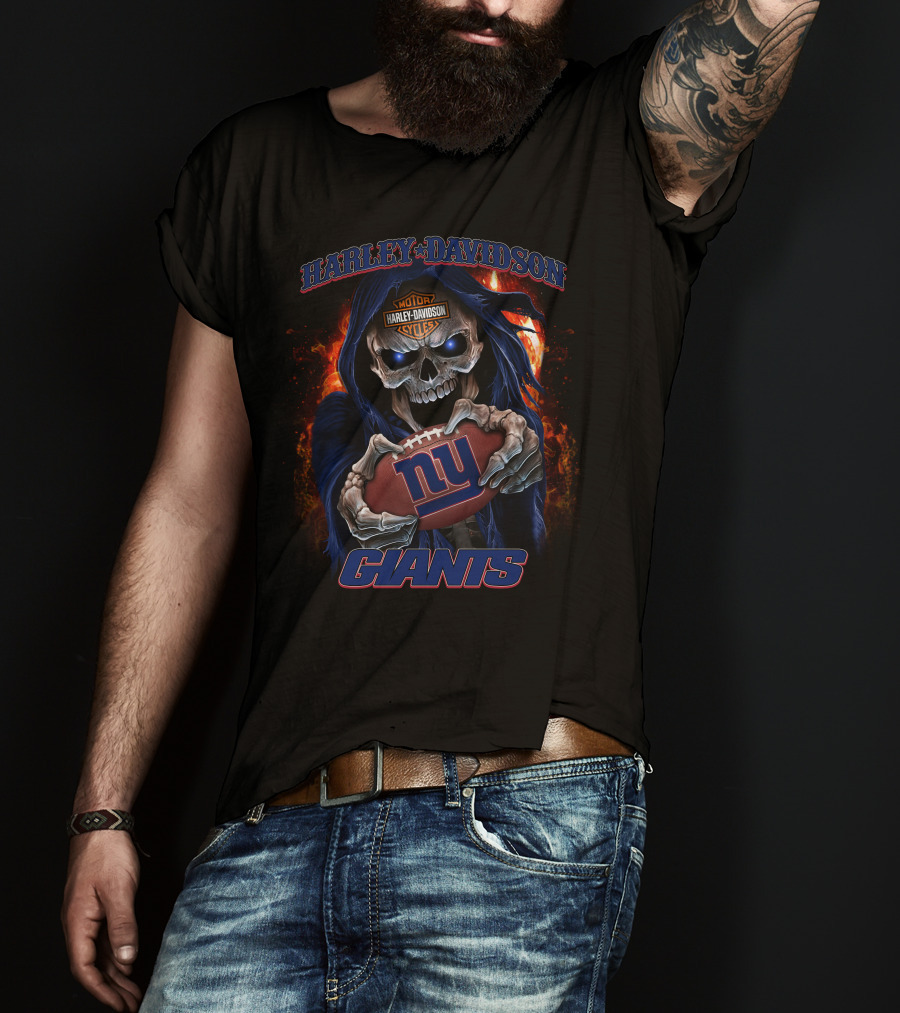 Harley Davidson New York Giants Skull Holding Football T-Shirt