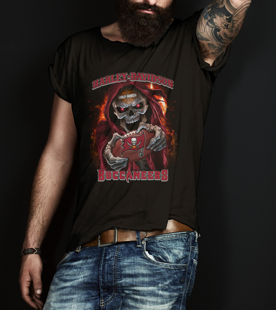 Harley Davidson Motor Cycles Buccaneers Skull Flames T-Shirt
